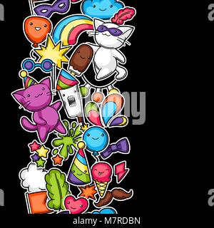 Karneval Party kawaii nahtlose Muster. Süße Aufkleber Katzen, Dekorationen für Feiern, Objekte und Symbole Stock Vektor
