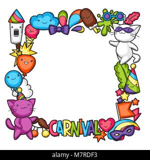Karneval Party kawaii Rahmen. Süße Katzen, Dekorationen für Feiern, Objekte und Symbole Stock Vektor