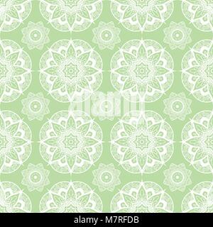 Nahtlose Muster von rund weiß Mandala auf grünem Hintergrund Stock Vektor