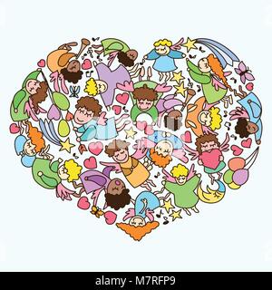 Vektor Herzen von Cartoon kleine Engel mit Herz, Hinweis, Ballon. Gruß Einladungskarte für Saint Valentinstag, Hochzeitstag Stock Vektor