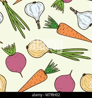 Nahtlose Muster aus Gemüse. Vektor endlose Abbildung aus Zwiebeln, rote Bete, Karotten, Knoblauch Stock Vektor