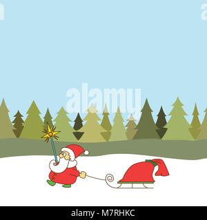 Grußkarte für Weihnachten, das neue Jahr. Vektor Weihnachtsmann mit Schlitten und Tasche mit Geschenken auf nahtlose Hintergrund der Bäume und der Schnee Stock Vektor