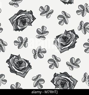 Nahtlose Muster aus schwarzen und weißen Rosen und Rosenblätter hergestellt. Stock Vektor