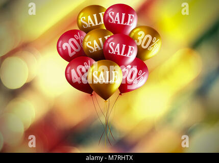 Verkauf und Rabatt Konzept mit roten und gelben Luftballons. Prozentualer Rabatt. Verkauf Konzept Symbole für Shop, Einzelhandel Stockfoto