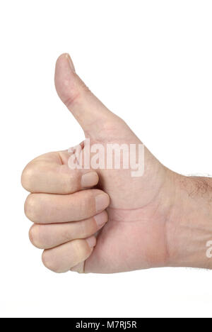 Männliche Hand geben einen Daumen nach oben Zeichen auf einem weißen Hintergrund. Stockfoto