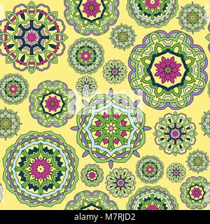 Vector Abbildung: nahtlose Muster von abstrakten Helle ethnischen Mandalas auf gelbem Hintergrund Stock Vektor
