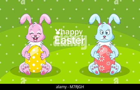 Cartoon Kaninchen Paar mit Eiern für Frohe Ostern Stock Vektor