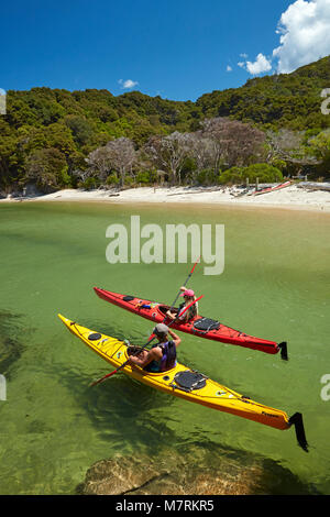 Kajakfahrer, Mosquito Bay, Abel Tasman National Park, Nelson, Südinsel, Neuseeland (Model Released) Stockfoto