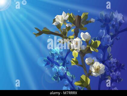 Blühender Zweig von einem Baum mit weißen Blüten von Dreiecken. Frühling mit Strahlen der Sonne Stock Vektor