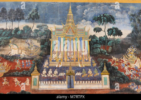 Alte Wandmalereien im Königlichen Palast, Phnom Penh, Kambodscha Asien Stockfoto