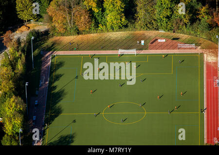 Luftaufnahme, Fußballplatz, vertikaler, Ansicht von oben, Fußballplatz in der Nähe von Stadtgarten Lutherstraße, Bochum, Wattenscheid, Ruhrgebiet,Rhine-Westphal Stockfoto