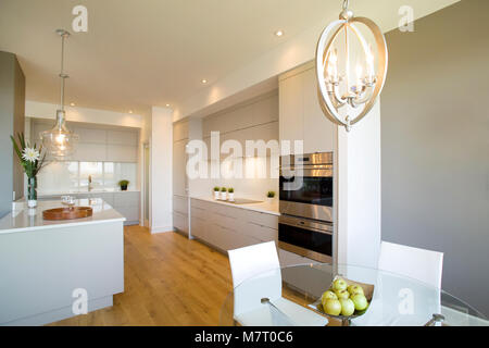 Breite und offene Küche mit weißen Türen und Holzfußboden Stockfoto