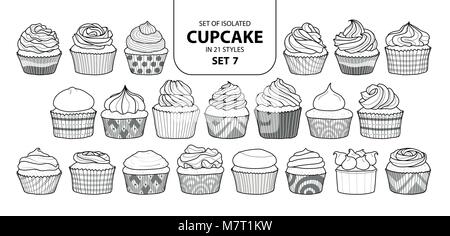Eingestellt von isolierten Cupcake in 21 Stile festlegen 7. Süße Hand gezeichnet Dessert in schwarzer Umriss und weißen Ebene auf weißem Hintergrund. Stock Vektor