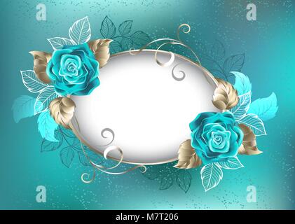 Oval, leichte Banner, verziert mit Türkis, Rosen und Blätter des weißen Goldes auf Türkisfarbenem Hintergrund. Blau Tiffany. Modischen Farbe. Türkis rose Stock Vektor