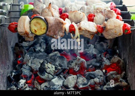 Saftig lecker Shish Kebab am Spieß auf Grill über Kohlen Stockfoto