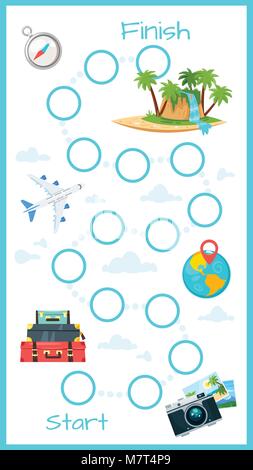 Vektor Cartoon Stil Abbildung von Kindern Reisen und Tourismus Board Game Template. Für drucken. Vertikale Komposition mit Reise Symbole. Stock Vektor