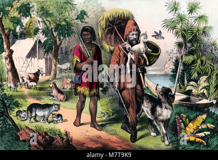 Robinson Crusoe und Freitag, eine handkolorierte Lithographie aus dem Jahre 1874. Stockfoto