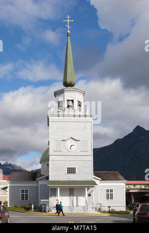 Sitka, Alaska: Kirchturm der Russisch-orthodoxen Kirche St. Michael's Cathedral. Stockfoto