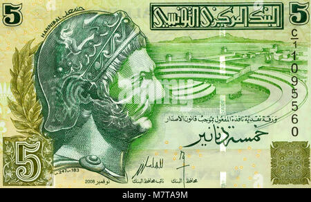 Tunesien 5 5 Dinar Bank Note Stockfoto