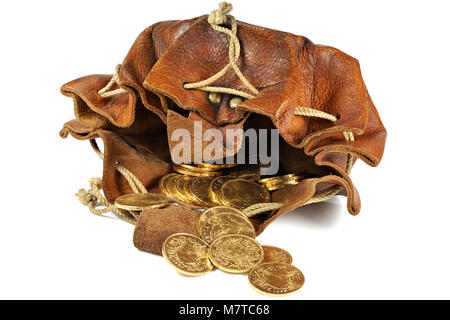 Schweizer Vreneli Goldmünzen in einem ledernen Geldbeutel auf Hintergrund isoliert Stockfoto