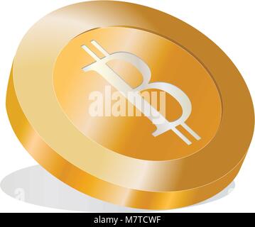 Bitcoin 3D Solid Gold mit Lichtreflexion auf der Oberfläche mit Schatten Vector Illustration auf weißem Hintergrund Stock Vektor