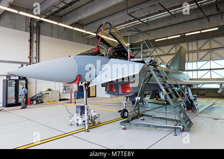 LAAGE, Deutschland – 23. August 2014: A German Air Force Eurofighter Typhoon geparkt in einem Tierheim in Laage Airbase Tag der offenen Tür. Das Flugzeug ist Teil des Stockfoto