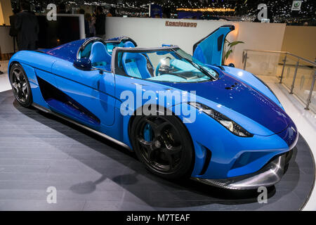 Genf, Schweiz - 6. MÄRZ 2018: Koenigsegg Regera Sport Auto auf dem 88. Internationalen Automobilsalon in Genf präsentiert. Stockfoto