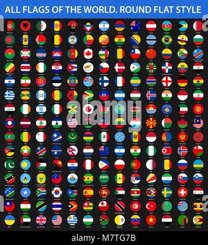 Alle Flaggen der Welt in alphabetischer Reihenfolge. Runde, flache Stil Stock Vektor