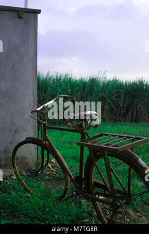 Ein altes Fahrrad in einem Ackerland Stockfoto