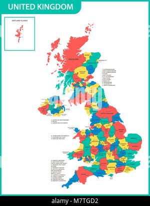 Die detaillierte Karte des Vereinigten Königreichs mit Regionen oder Staaten und Städte, Hauptstädte. Aktuelle VK, Großbritannien administrativen Geschäftsbereich. Stock Vektor