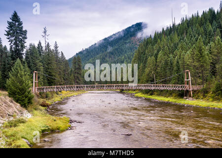 Hängebrücke über den Lochsa River, für Fuß- und Packpferde, Northwest Passage Scenic Byway, Clearwater National Forest, Idaho, USA Stockfoto