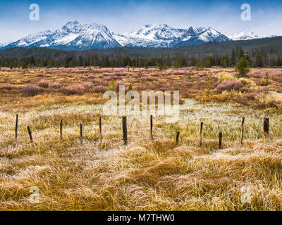 Merritt Peak, Williams Peak, Herbst, Sawtooth Mountains, Sägezahn Natl Wald, von Ponderosa Pine Scenic Byway, in der Nähe von Stanley, Idaho, USA Stockfoto