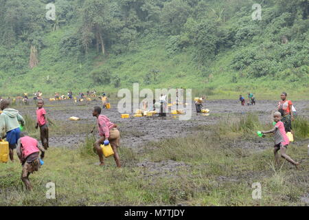 Kongolesische Dorfbewohner füllen ihre Wasserversorgung von diesem schlammigen Teich. Die einzige gute Quelle, die Sie haben. Stockfoto