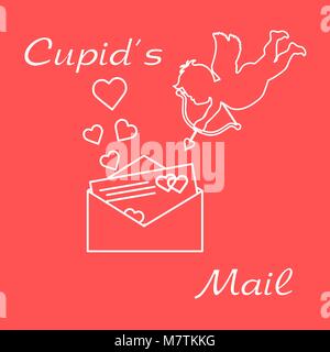 Amor schießt einen Bogen und Umschlag mit Valentinstag Karte und Herzen. Liebe Symbol. Design für Banner, Poster oder Drucken. Stock Vektor