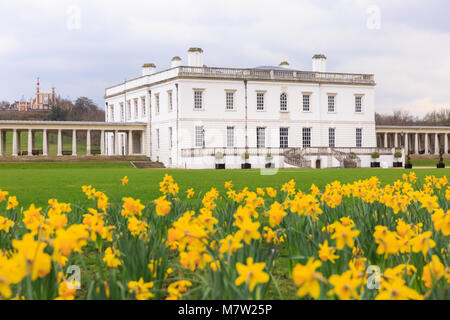 Maritime Greenwich, London, 13. März 2018. Einen Tag Gemischtes mit Sonne und Regen in London, aber der Frühling hat im Royal Borough von Greenwich entstanden, und die Narzissen werden an die historischen Stätten von Queen's House und das Maritime Museum. Credit: Imageplotter Nachrichten und Sport/Alamy leben Nachrichten Stockfoto