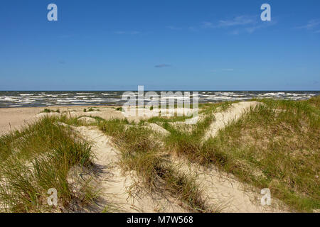 Dünen mit Gras entlang der Ostsee Strand von Liepaja an einem sonnigen Tag mit blauen Himmel Stockfoto