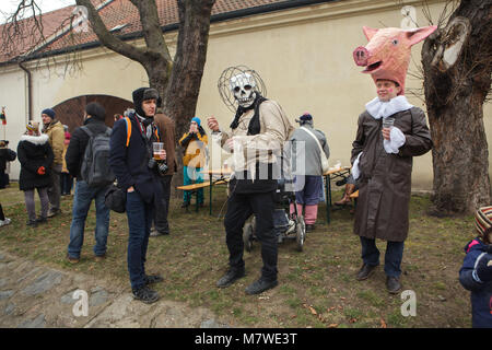 Karneval Teilnehmer gekleidet, wie der Tod und das Schwein das Roztocký Masopust in Roztoky in der Nähe von Prag, tschechische Republik. Masopust bedeutet "Abschied vom Fleisch" in tschechischer Sprache. Dieses beliebte Festival feiert in der ganzen Tschechischen Republik vor der Fastenzeit. Eine der spektakulärsten Masopust Karneval findet jährlich in der kleinen Stadt Roztoky nur außerhalb von Prag. Stockfoto