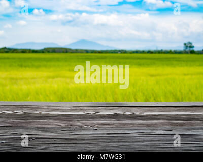 Holztisch mit Rohreis Feld anzeigen Stockfoto