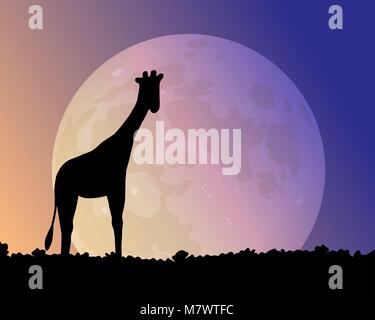 Mond in der Nacht. Giraffe silhouette Vector Illustration. Eine schöne leuchten blau und rosa. Stock Vektor