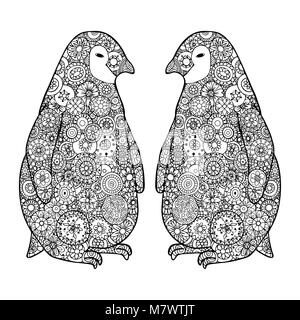 Zwei süße liebevolle Pinguin. Zen Wirrwarr Vector Illustration. Zentangle Antarktis Schwarz und Weiß. Stock Vektor