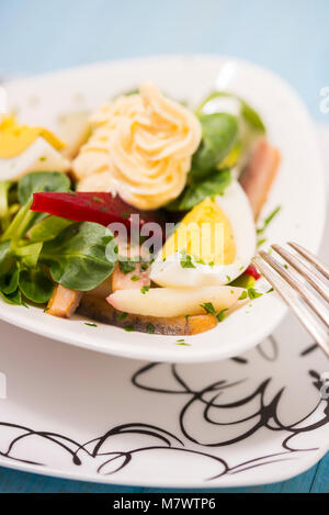 Kartoffelsalat mit roten Rüben, geräucherten Hering, Ei und Soja - bean Mayonnaise Stockfoto