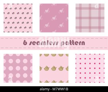 Sechs rosa nahtlose Muster Hintergrund. Blumen, Kreise, Teekanne und Herzen. Vector Illustration. Stock Vektor