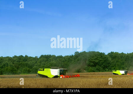 Zwei landwirtschaftlichen Maschinen arbeiten im Bereich, landwirtschaftliche Flächen, Ain Erntemaschinen im Bereich betreiben, Stockfoto