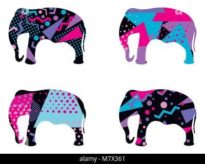 Elefant mit einem Muster von geometrischen Formen, Memphis Stil. Vector Illustration Stock Vektor