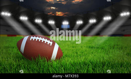 American football arena mit Ball auf grünem Gras Beleuchtung in der Nacht, 3D-Rendering Stockfoto