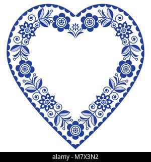 Folk Herz vektor design, Skandinavischen floralen ornament Herzform, traditionelles Design mit Blumen in marine blau - Geburtstag oder Hochzeit Grußkarte Stock Vektor