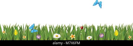 Grüne realistisches Gras Grenze mit bunten Blumen und Schmetterlinge auf weißem Hintergrund. Im Frühling oder im Sommer Vektor-illustration, Vorlage, Clip Stock Vektor