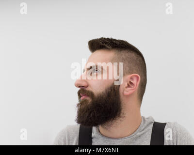 Portrait der junge Bartgeier hipster Heimwerker auf weißem Hintergrund Stockfoto