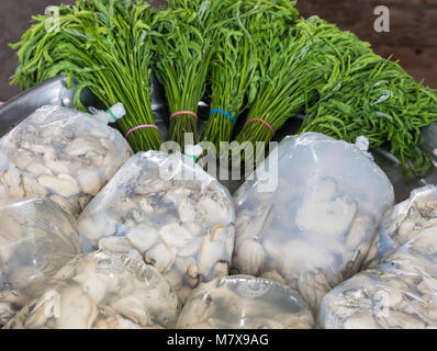 Frische Austern in der Plastiktüte mit den jungen Akazie für zusammen zu essen, den Verkauf auf dem lokalen Markt in der Nähe des Meeres, im Osten von Thailand. Stockfoto