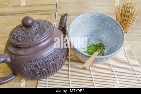 Oben Blick auf Japanische Tee Zeremonie mit einem Stein Schale Matcha Grüntee Pulver, Bambusbesen, Schaufel, und einem braunen Asiatische Teekanne auf Bambus Matte. Stockfoto